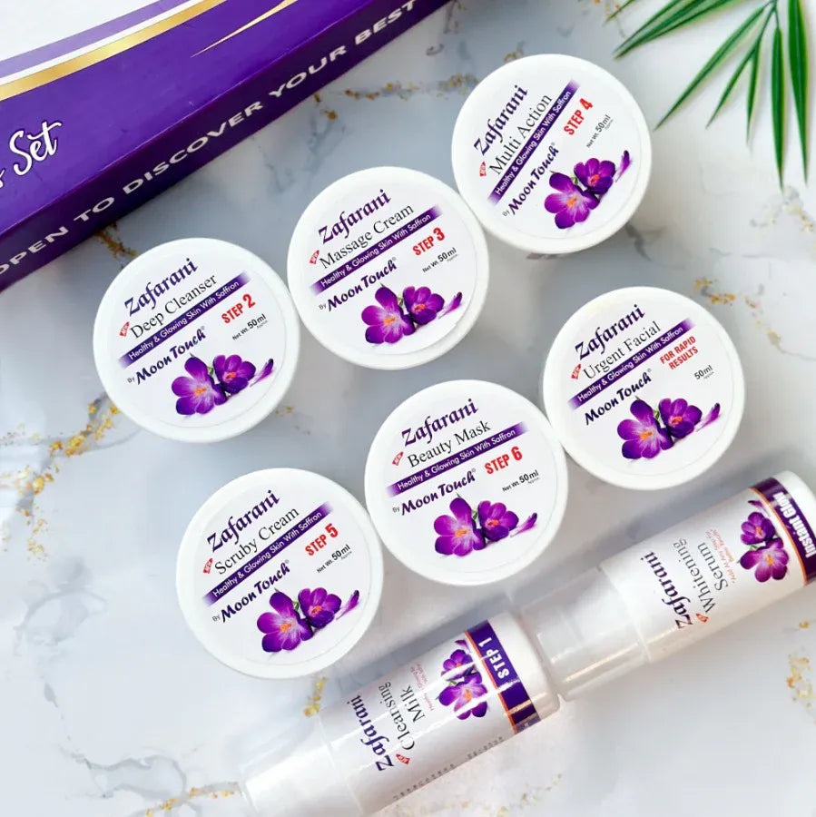 Moon Touch New Zafrani Facial Kit | Saffron Brightening Herbal Facial Set for Glowing Skin (8 Pcs)