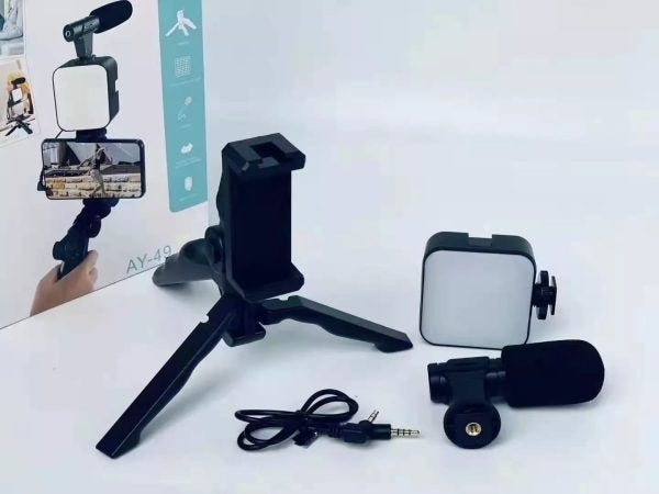 AY-49 Video Making Kit | All-in-One Vlogging Tripod with Wireless Remote, Microphone, LED Light & Mobile Holder