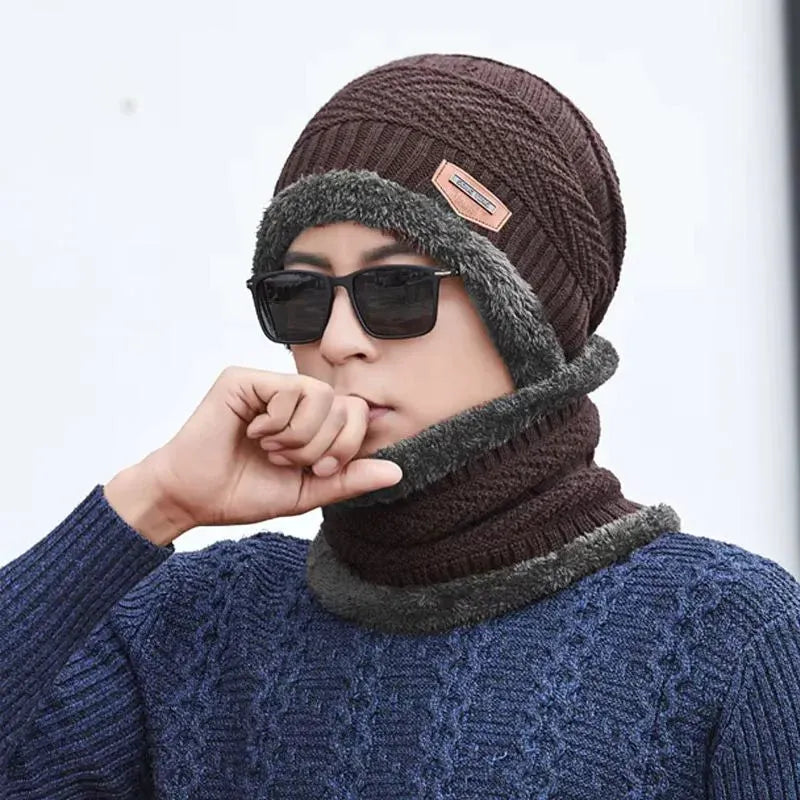 Winter Wool Cap with Neck Warmer Set | Thermal Beanie & Scarf Combo for Men and Women | Brown And Gray