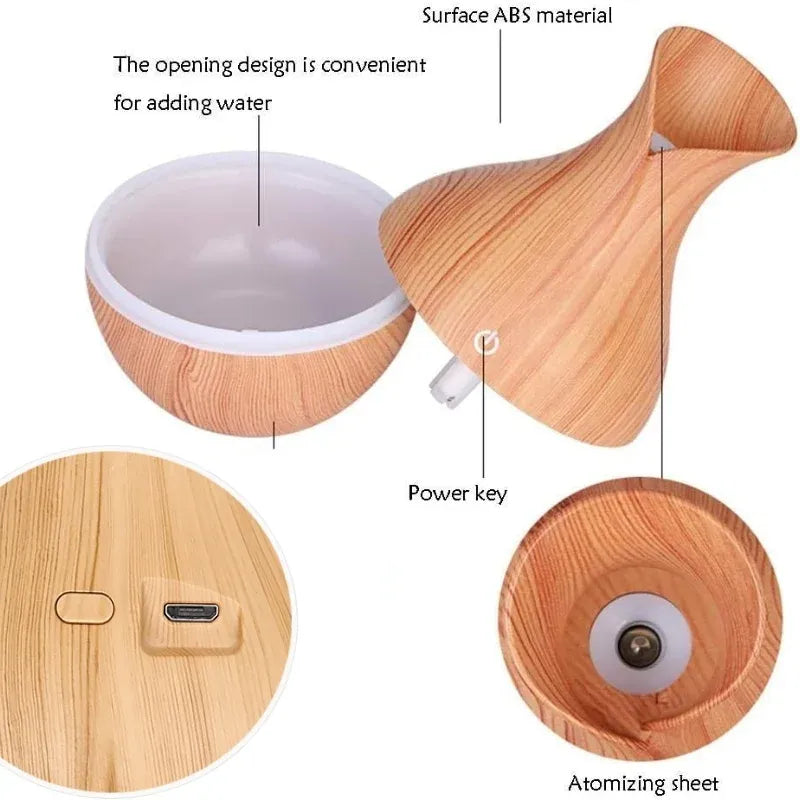Vase-Shaped LED Humidifier | Model JSQ07 | USB Wood Grain Ultrasonic Cold Mist Humidifier | Aromatherapy Air Freshener | 200 ml