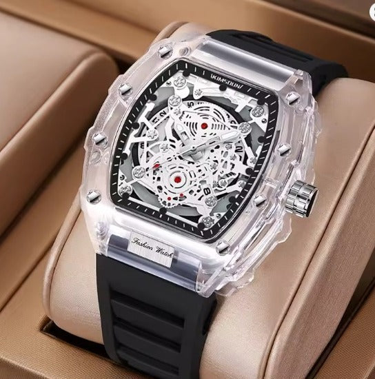 Men Watch Good Looking Dile Good Quality Date Silicone Strap Men's Watch, Fashionable Casual Men's Watch Luminous Calendar Function Silicone Strap Tonneau Shaped Transparent Case Men Quartz Watch Reloj