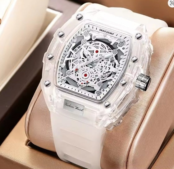 Men Watch Good Looking Dile Good Quality Date Silicone Strap Men's Watch, Fashionable Casual Men's Watch Luminous Calendar Function Silicone Strap Tonneau Shaped Transparent Case Men Quartz Watch Reloj