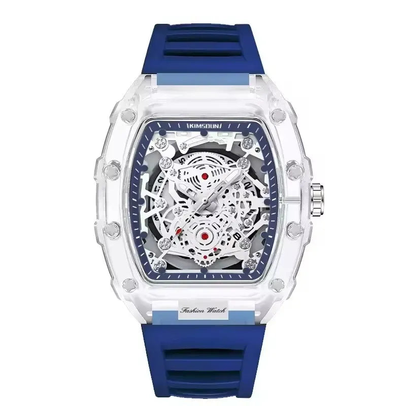Men Watch Good Looking Dile Good Quality Date Silicone Strap Men's Watch, Fashionable Casual Men's Watch Luminous Calendar Function Silicone Strap Tonneau Shaped Transparent Case Men Quartz Watch Reloj